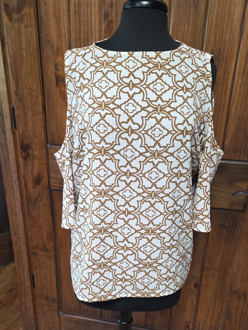 Chico's Cream and Brown Cold-Shoulder Geometric Blouse - Size 16/18